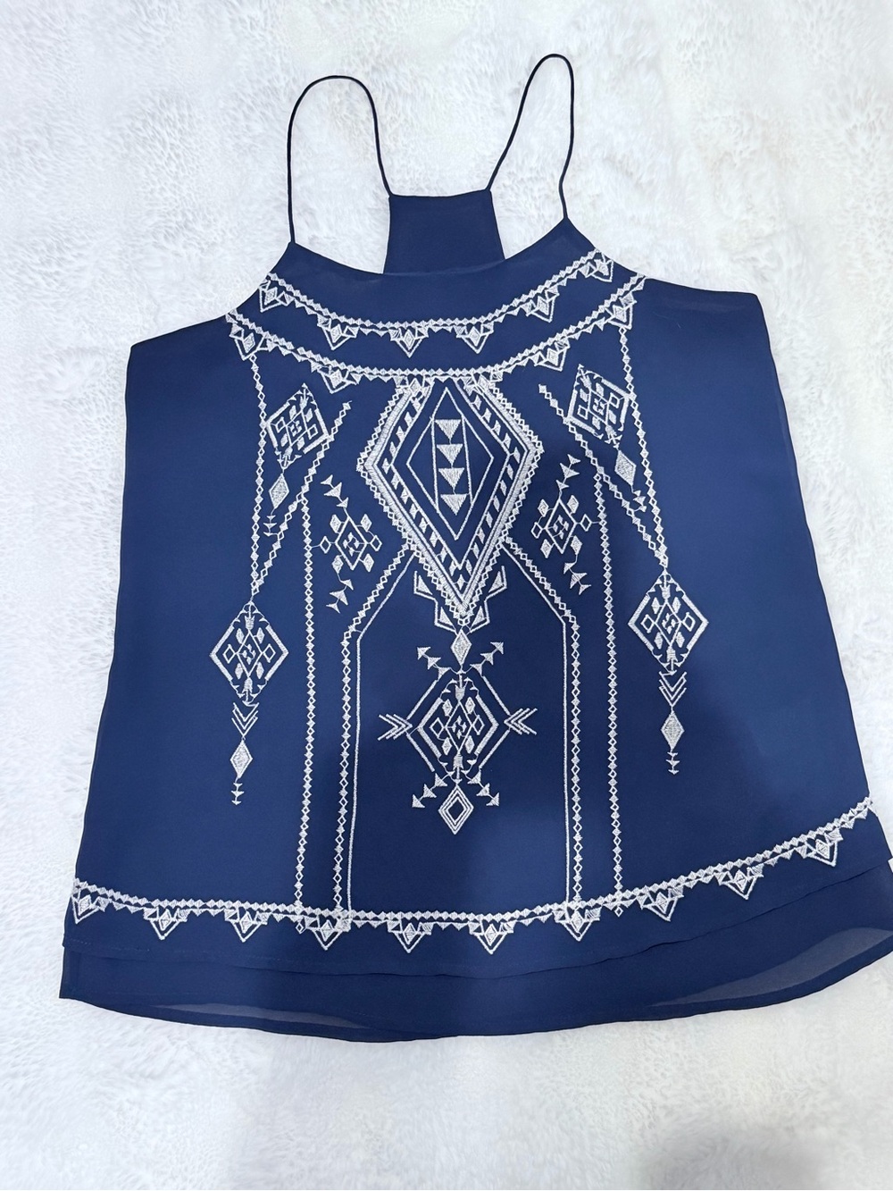 Blu Pepper Navy Halter with White Geometric Embroidery